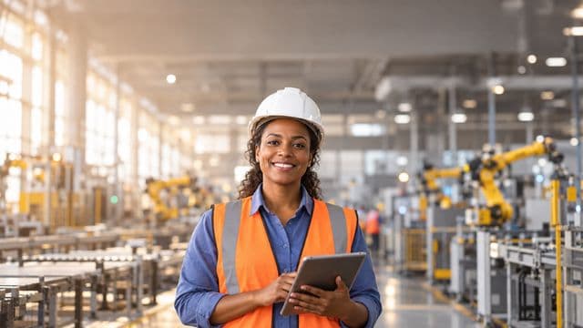 Engenheira de produção sorrindo, com capacete branco e colete laranja sobre camisa azul, segurando um tablet, em uma fábrica moderna com linha de produção e braços robóticos