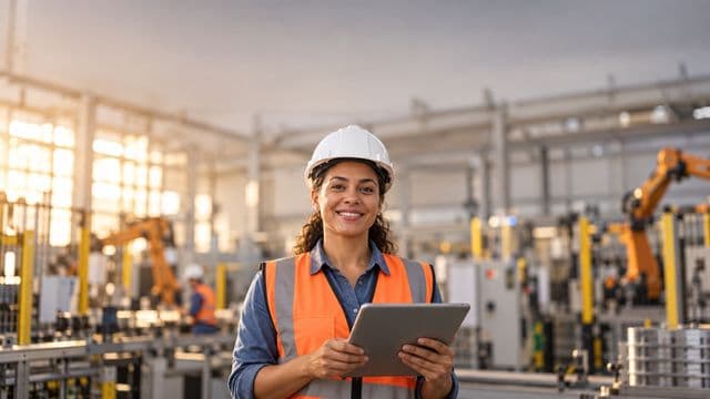 Engenheira de produção sorrindo, com capacete branco e colete laranja sobre camisa azul, segurando um tablet, em uma fábrica moderna com linha de produção e braços robóticos