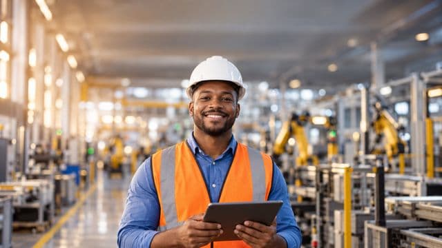 Engenheiro de produção sorrindo, com capacete branco e colete laranja sobre camisa azul, segurando um tablet, em uma fábrica moderna com linha de produção e braços robóticos