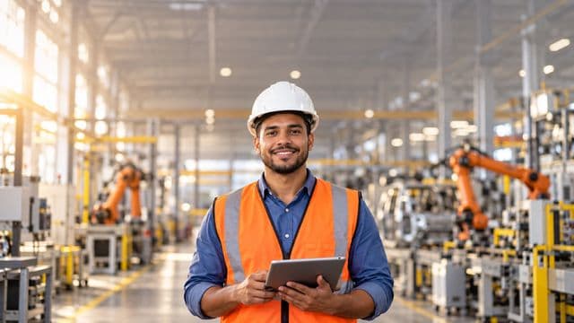 Engenheiro de produção sorrindo, com capacete branco e colete laranja sobre camisa azul, segurando um tablet, em uma fábrica moderna com linha de produção e braços robóticos