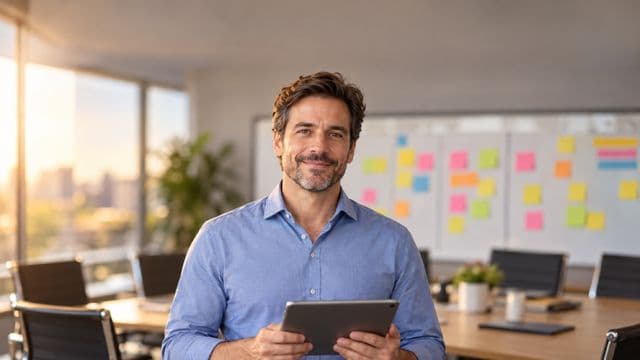 Gerente de projetos sorrindo, com camisa social azul, segurando um tablet, em uma sala de reunião com um quadro de tarefas cheio de post-its coloridos