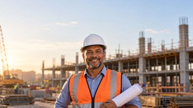 Engenheiro civil sorrindo, com capacete branco e colete refletivo laranja, segurando uma planta da obra enrolada, em um canteiro de obras com a estrutura de um prédio