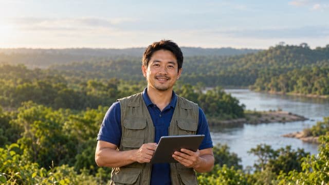 Gestor ambiental sorrindo, com camisa polo azul e colete de campo, segurando um tablet, em uma área de preservação com mata e um rio