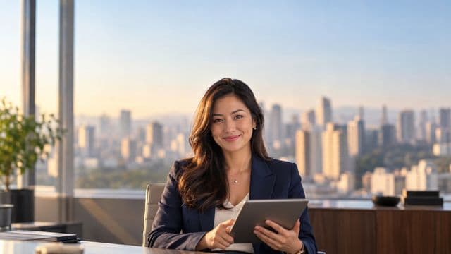 Analista financeira sorrindo, com terno azul-marinho, segurando um tablet, em um escritório corporativo com vista para a cidade