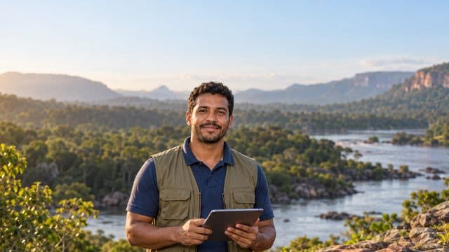 Gestor ambiental sorrindo, com camisa polo azul e colete de campo, segurando um tablet, em uma área de preservação com mata e um rio