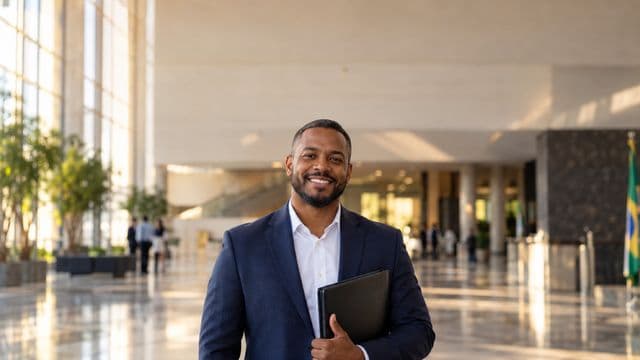 Servidor público sorrindo, com blazer azul-marinho sobre camisa branca, segurando uma pasta, em o saguão amplo de um prédio público moderno