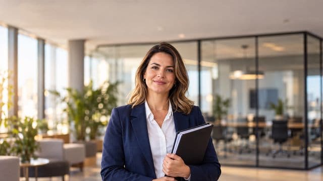 Profissional de recursos humanos sorrindo, com blazer azul sobre camisa branca, segurando uma pasta de documentos, em um escritório moderno com uma sala de reunião envidraçada