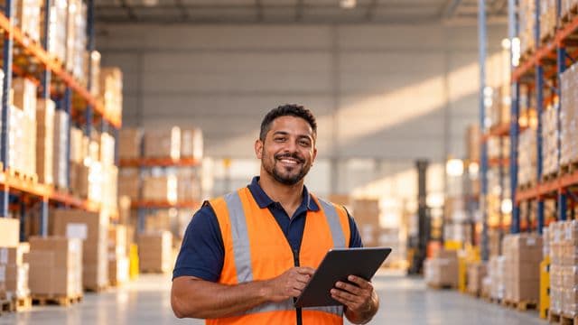 Profissional de logística sorrindo, com colete refletivo laranja sobre camisa polo azul, segurando um tablet, em um centro de distribuição com prateleiras altas e caixas