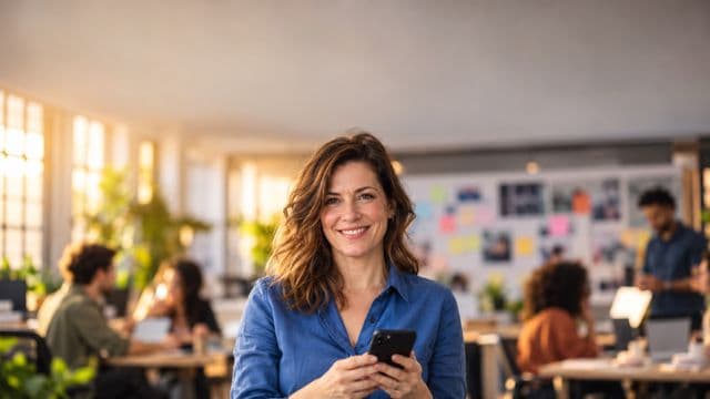 Profissional de marketing sorrindo, com camisa casual azul, segurando um smartphone, em uma agência criativa moderna com equipe desfocada e quadros de ideias