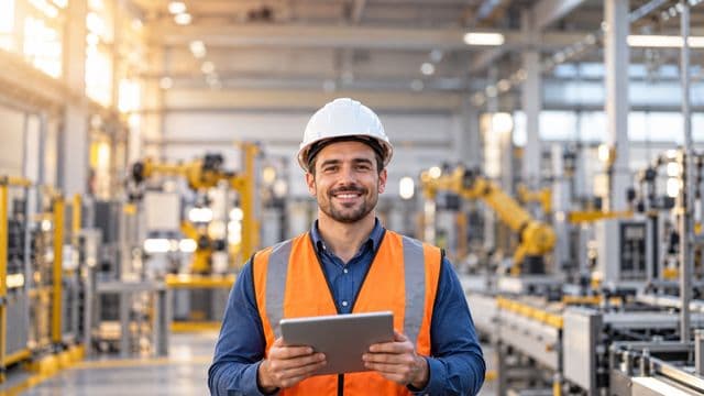 Engenheiro de produção sorrindo, com capacete branco e colete laranja sobre camisa azul, segurando um tablet, em uma fábrica moderna com linha de produção e braços robóticos