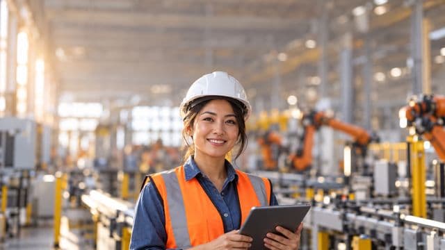 Engenheira de produção sorrindo, com capacete branco e colete laranja sobre camisa azul, segurando um tablet, em uma fábrica moderna com linha de produção e braços robóticos