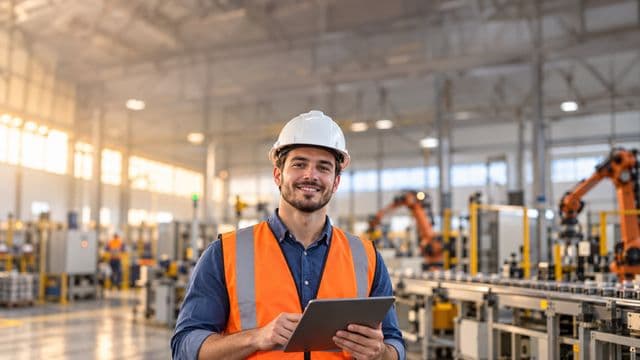 Engenheiro de produção sorrindo, com capacete branco e colete laranja sobre camisa azul, segurando um tablet, em uma fábrica moderna com linha de produção e braços robóticos