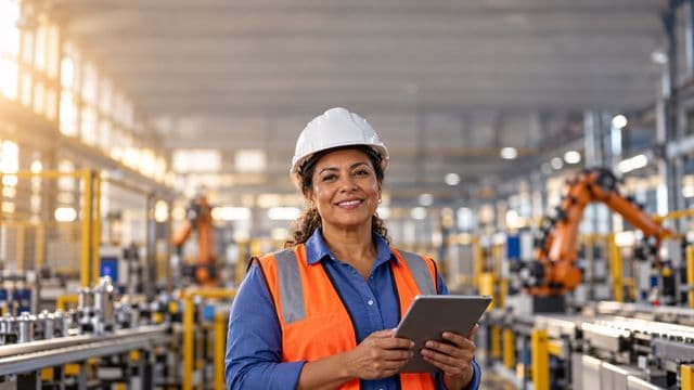 Engenheira de produção sorrindo, com capacete branco e colete laranja sobre camisa azul, segurando um tablet, em uma fábrica moderna com linha de produção e braços robóticos