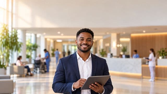 Gestor hospitalar sorrindo, com blazer azul-marinho sobre camisa branca, segurando um tablet, em a recepção de um hospital moderno