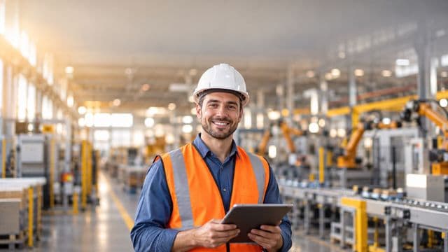 Engenheiro de produção sorrindo, com capacete branco e colete laranja sobre camisa azul, segurando um tablet, em uma fábrica moderna com linha de produção e braços robóticos