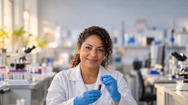 Biomédica sorrindo, com jaleco branco e luvas azuis, segurando um tubo de ensaio, em um laboratório de análises clínicas com microscópios e bancadas