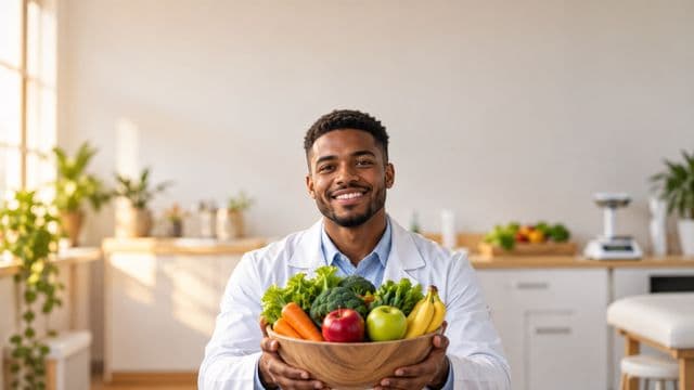 Nutricionista sorrindo, com jaleco branco sobre camisa azul-clara, segurando uma tigela de frutas e legumes frescos, em um consultório de nutrição claro com bancada e balança