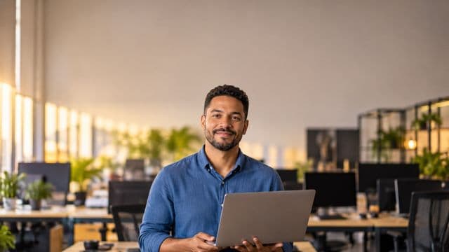 Desenvolvedor de software sorrindo, com camisa casual azul, segurando um notebook aberto, em um escritório de tecnologia moderno com monitores desfocados