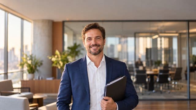 Profissional de recursos humanos sorrindo, com blazer azul sobre camisa branca, segurando uma pasta de documentos, em um escritório moderno com uma sala de reunião envidraçada