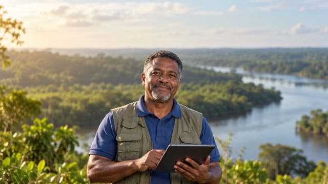 Gestor ambiental sorrindo, com camisa polo azul e colete de campo, segurando um tablet, em uma área de preservação com mata e um rio