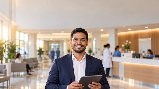 Gestor hospitalar sorrindo, com blazer azul-marinho sobre camisa branca, segurando um tablet, em a recepção de um hospital moderno