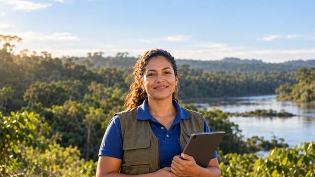 Gestora ambiental sorrindo, com camisa polo azul e colete de campo, segurando um tablet, em uma área de preservação com mata e um rio