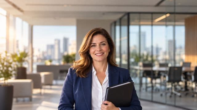 Profissional de recursos humanos sorrindo, com blazer azul sobre camisa branca, segurando uma pasta de documentos, em um escritório moderno com uma sala de reunião envidraçada