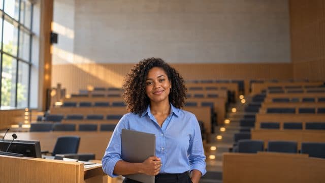 Professora universitária sorrindo, com camisa social azul, segurando um notebook, em um auditório universitário moderno