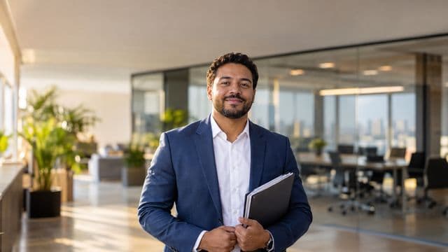 Profissional de recursos humanos sorrindo, com blazer azul sobre camisa branca, segurando uma pasta de documentos, em um escritório moderno com uma sala de reunião envidraçada