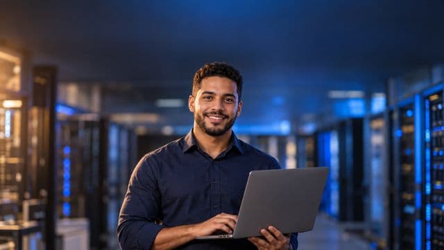 Especialista em segurança da informação sorrindo, com camisa social azul-escura, segurando um notebook, em uma sala de servidores com luzes azuis