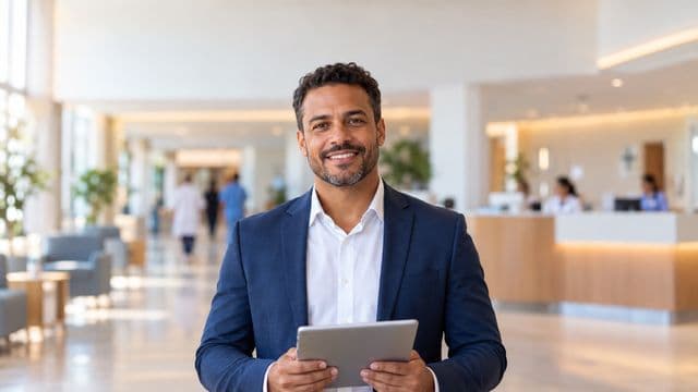 Gestor hospitalar sorrindo, com blazer azul-marinho sobre camisa branca, segurando um tablet, em a recepção de um hospital moderno