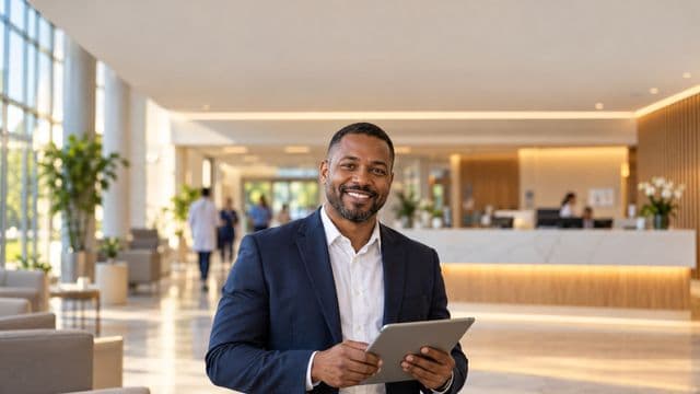 Gestor hospitalar sorrindo, com blazer azul-marinho sobre camisa branca, segurando um tablet, em a recepção de um hospital moderno