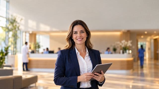 Gestora hospitalar sorrindo, com blazer azul-marinho sobre camisa branca, segurando um tablet, em a recepção de um hospital moderno