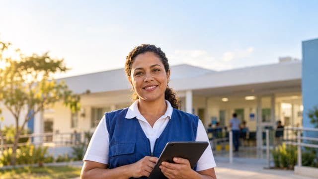 Agente de saúde pública sorrindo, com colete azul de equipe de saúde sobre camisa branca, segurando um tablet, em uma unidade básica de saúde moderna