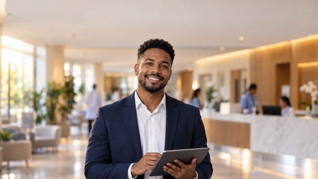 Gestor hospitalar sorrindo, com blazer azul-marinho sobre camisa branca, segurando um tablet, em a recepção de um hospital moderno