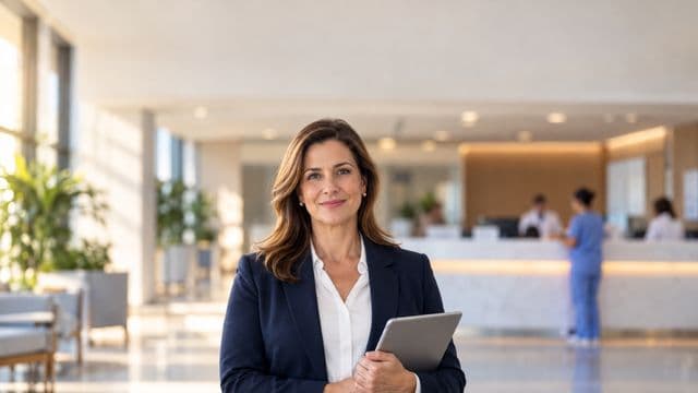 Gestora hospitalar sorrindo, com blazer azul-marinho sobre camisa branca, segurando um tablet, em a recepção de um hospital moderno