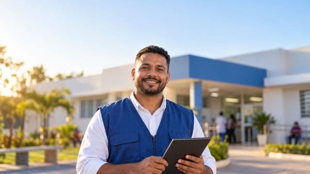 Agente de saúde pública sorrindo, com colete azul de equipe de saúde sobre camisa branca, segurando um tablet, em uma unidade básica de saúde moderna