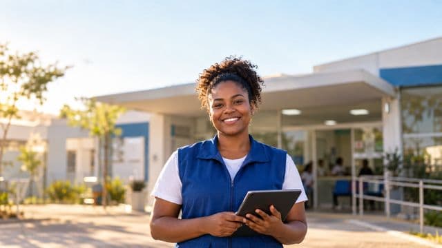 Agente de saúde pública sorrindo, com colete azul de equipe de saúde sobre camisa branca, segurando um tablet, em uma unidade básica de saúde moderna