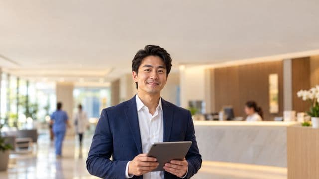 Gestor hospitalar sorrindo, com blazer azul-marinho sobre camisa branca, segurando um tablet, em a recepção de um hospital moderno