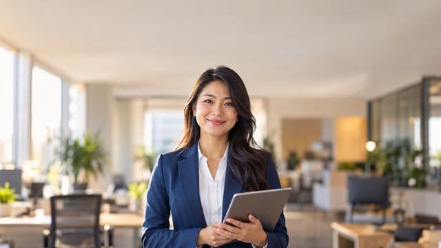 Profissional sorrindo, com blazer azul sobre camisa branca, segurando um tablet, em um escritório moderno e bem iluminado