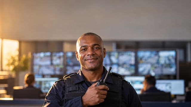 Profissional de segurança pública sorrindo, com farda azul-escura sem brasões, segurando um rádio comunicador, em uma central de monitoramento com telas
