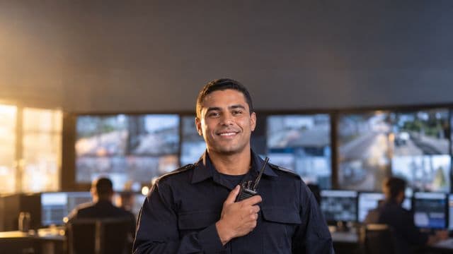 Profissional de segurança pública sorrindo, com farda azul-escura sem brasões, segurando um rádio comunicador, em uma central de monitoramento com telas