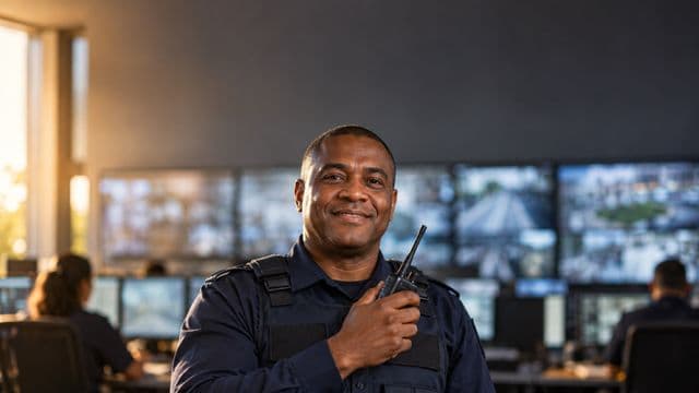 Profissional de segurança pública sorrindo, com farda azul-escura sem brasões, segurando um rádio comunicador, em uma central de monitoramento com telas