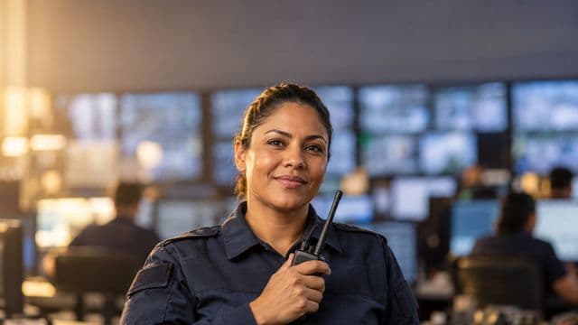 Profissional de segurança pública sorrindo, com farda azul-escura sem brasões, segurando um rádio comunicador, em uma central de monitoramento com telas