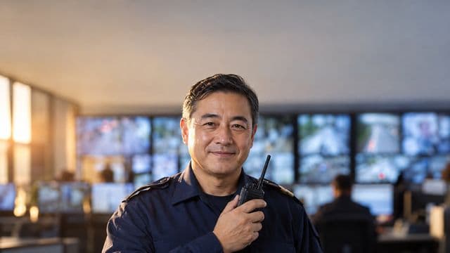 Profissional de segurança pública sorrindo, com farda azul-escura sem brasões, segurando um rádio comunicador, em uma central de monitoramento com telas