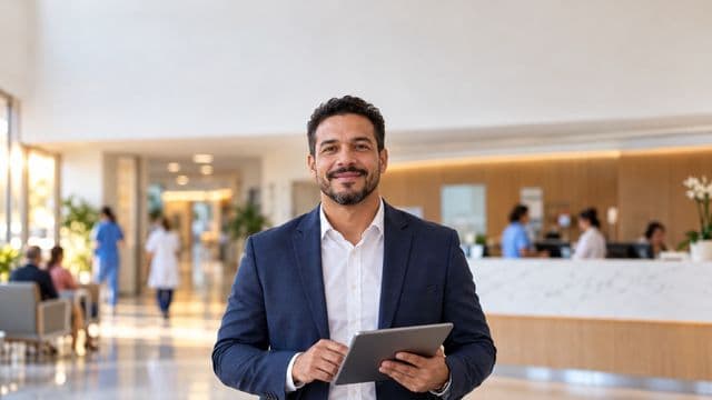 Gestor hospitalar sorrindo, com blazer azul-marinho sobre camisa branca, segurando um tablet, em a recepção de um hospital moderno