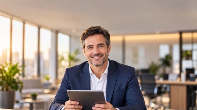 Profissional sorrindo, com blazer azul sobre camisa branca, segurando um tablet, em um escritório moderno e bem iluminado