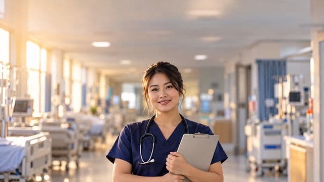 Enfermeira sorrindo, com uniforme hospitalar azul-marinho e estetoscópio no pescoço, segurando uma prancheta, em o corredor de um hospital moderno e bem iluminado, com leitos e equipamentos