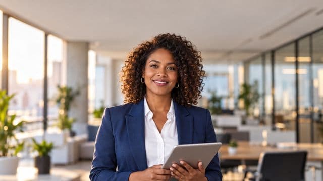Profissional sorrindo, com blazer azul sobre camisa branca, segurando um tablet, em um escritório moderno e bem iluminado