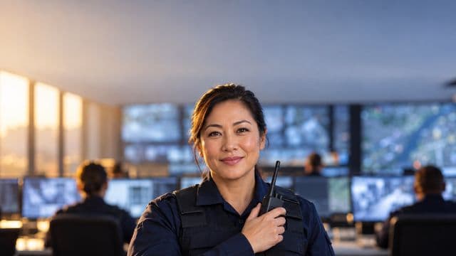 Profissional de segurança pública sorrindo, com farda azul-escura sem brasões, segurando um rádio comunicador, em uma central de monitoramento com telas